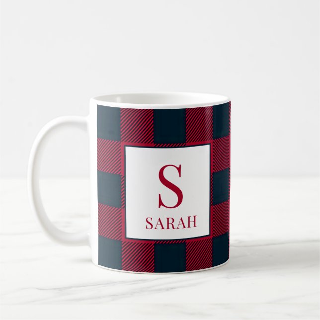 Rustic Buffalo Red & Black Plaid Monogram Name Coffee Mug (Left)