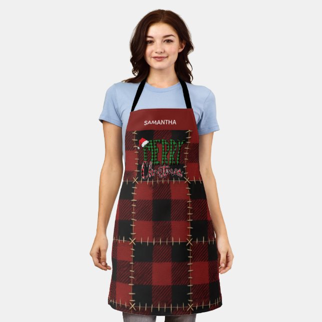 Rustic Buffalo Red Buffalo Plaid Customizable Name Apron (Worn)
