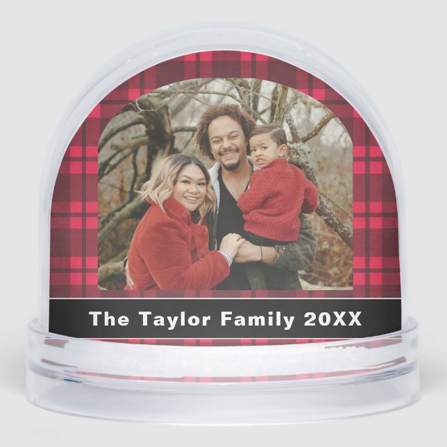 Rustic Buffalo Red Plaid Family Photo Christmas Snowglobe (Front)