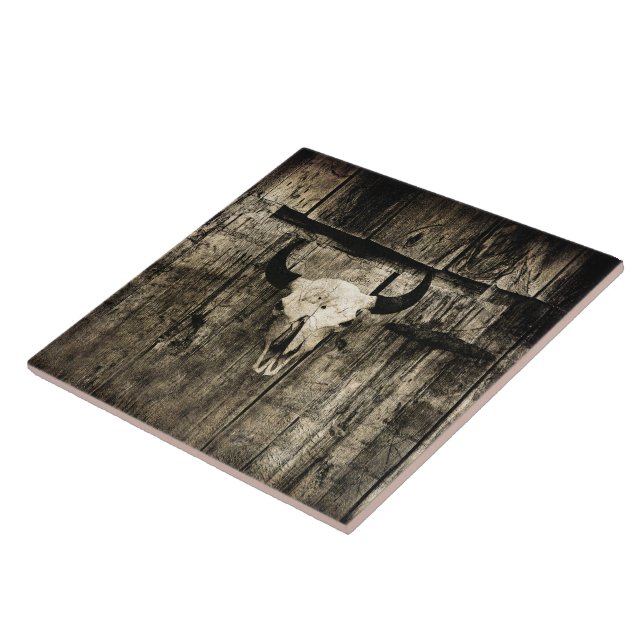Rustic buffalo skull with horns on a barn ceramic tile (Side)