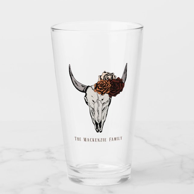 Rustic Bull Skull and Roses Family Name Glass (Front)