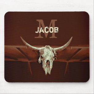 Rustic Bull Skull Brown Country Western Monogram Mouse Pad