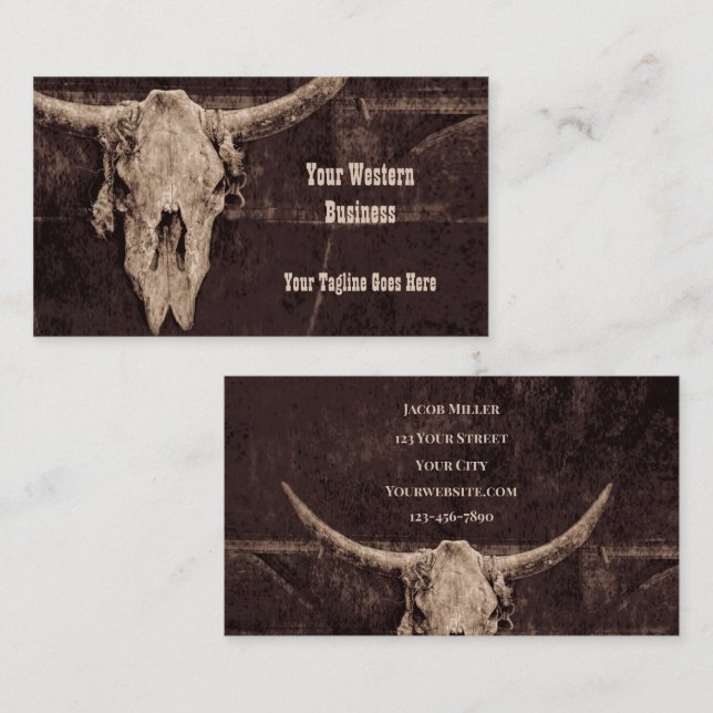 Rustic Bull Skull Brown Country Western Texture Business Card (Front/Back)
