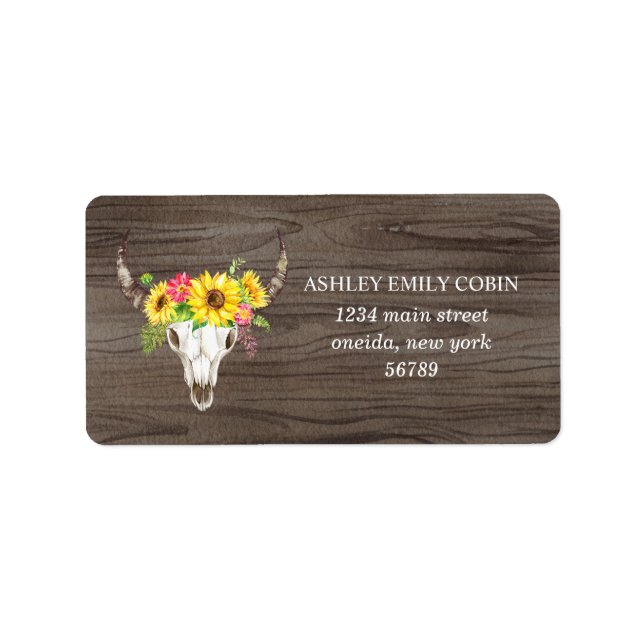 Rustic Bull Skull on Dark Wood with Sunflowers Label (Front)
