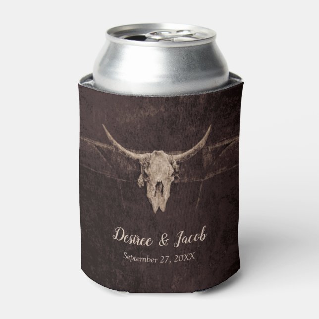 Rustic Bull Skull Wedding Country Western Texture Can Cooler (Can Front)