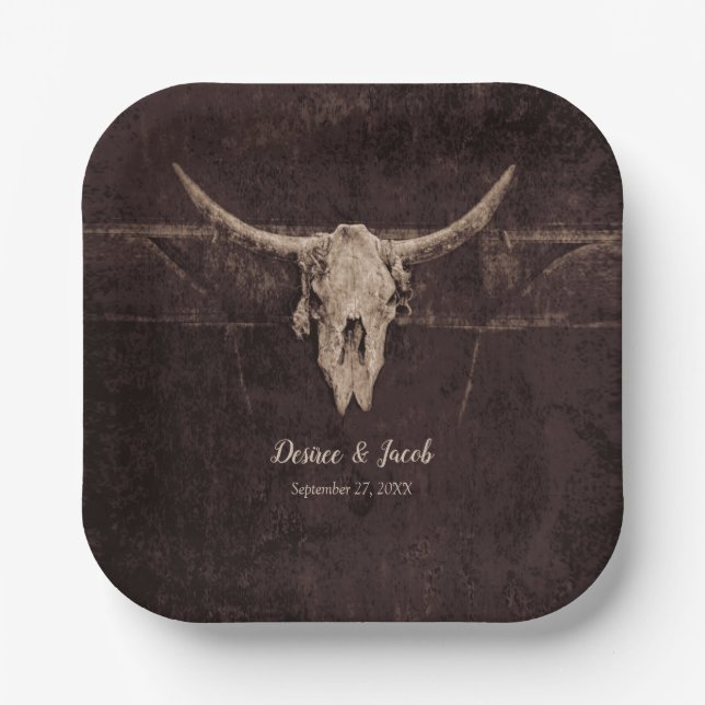 Rustic Bull Skull Wedding Country Western Texture Paper Plate (Front)