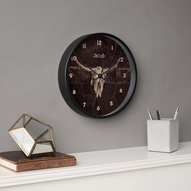Rustic Bull Skull Western Country Brown Beige Old Clock (Office)