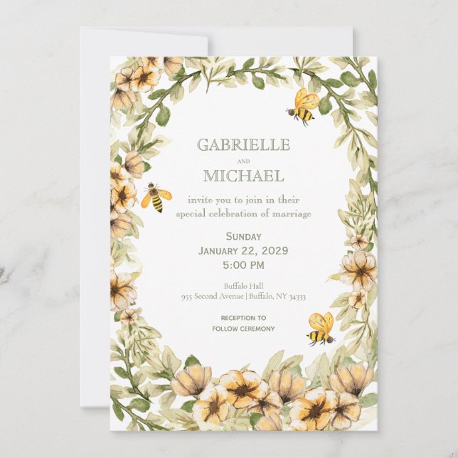 Rustic Bumble Bee Floral Wedding Invitation (Front)