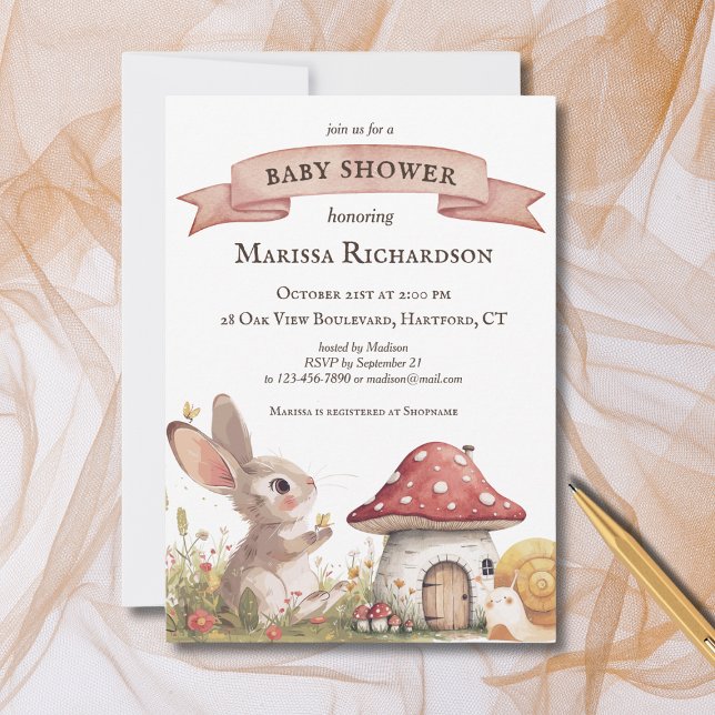 Rustic Bunny Baby Shower Invitation (custom cute vintage rustic bunny rabbit baby shower invitation, elegant woodland and forest theme)