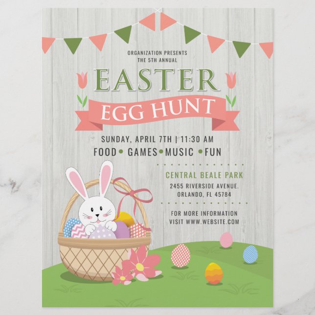 Rustic Bunny In A Basket Easter Egg Hunt Event Flyer (Front)
