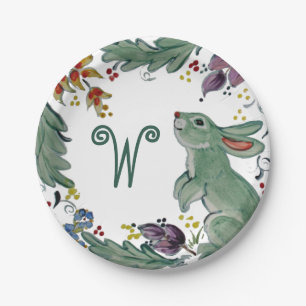 Rustic Bunny Rabbit Teal Farmhouse Monogram Cute Paper Plate