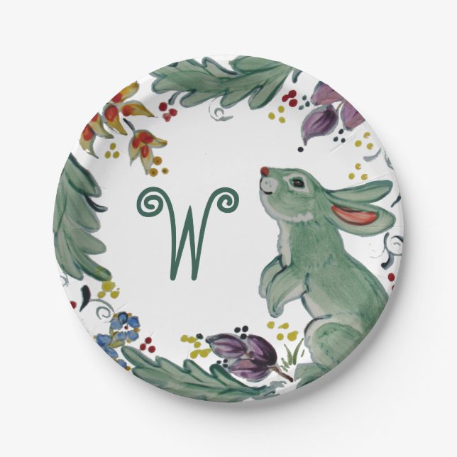 Rustic Bunny Rabbit Teal Farmhouse Monogram Cute Paper Plate (Front)