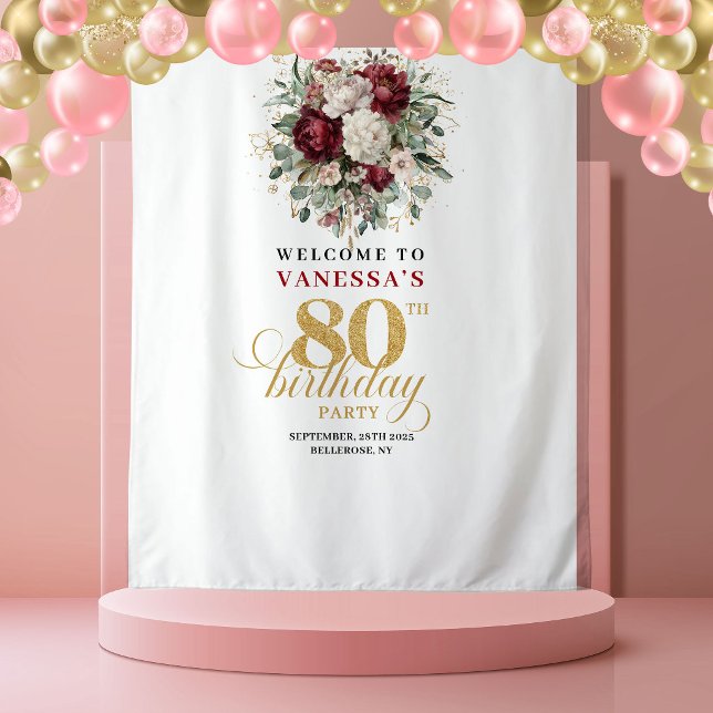 Rustic Burgundy 80th Birthday Banner Tapestry (Rustic Burgundy 80th Birthday Banner)