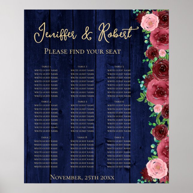 Rustic Burgundy 9 Table Seating Chart Floral (Front)