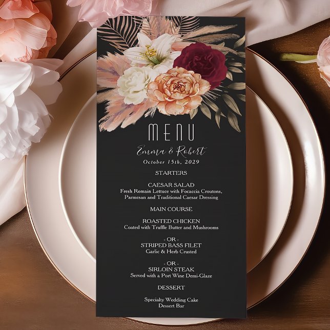 Rustic Burgundy and Black Floral Wedding Menu (Creator Uploaded)