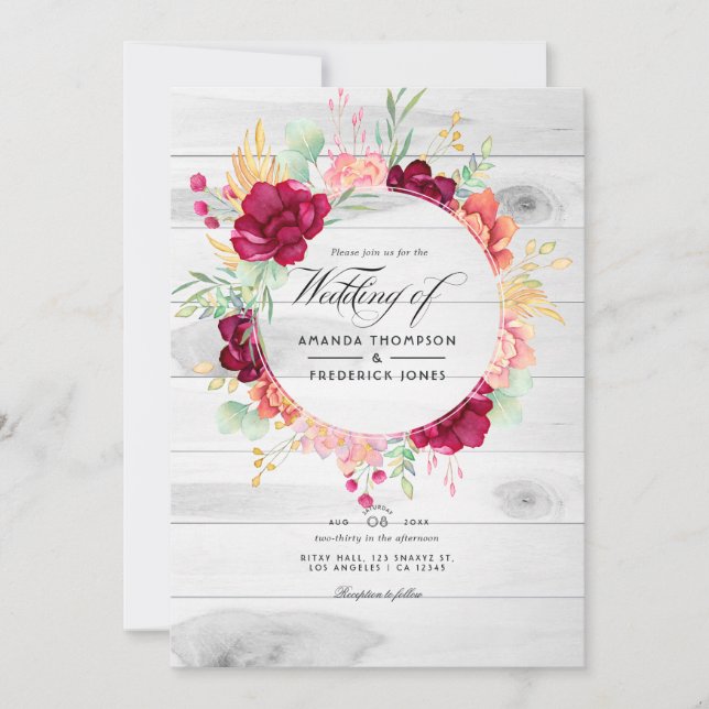 Rustic Burgundy and Blush Floral QR Code Wedding Invitation (Front)