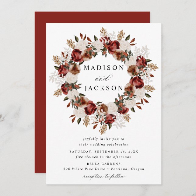 Rustic Burgundy and Ivory Roses Weddings Invitation (Front/Back)