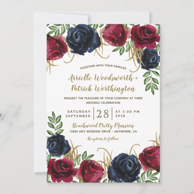 Rustic Burgundy and Navy Blue Wedding Invitations (Front)