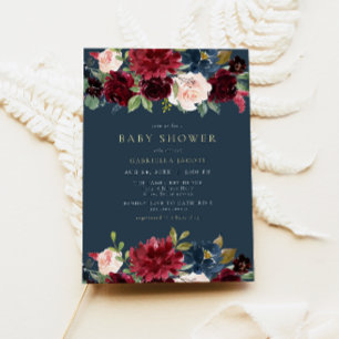 Rustic Burgundy and Navy Floral Baby Shower Invitation
