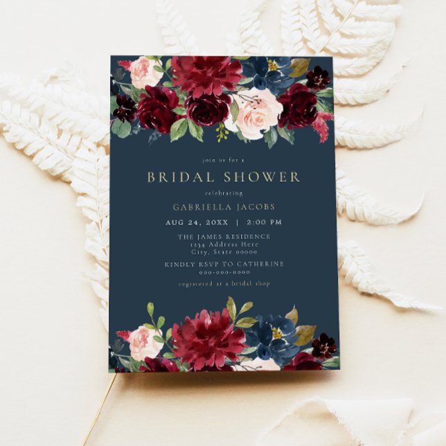 Rustic Burgundy and Navy Floral Bridal Shower Invitation (Creator Uploaded)