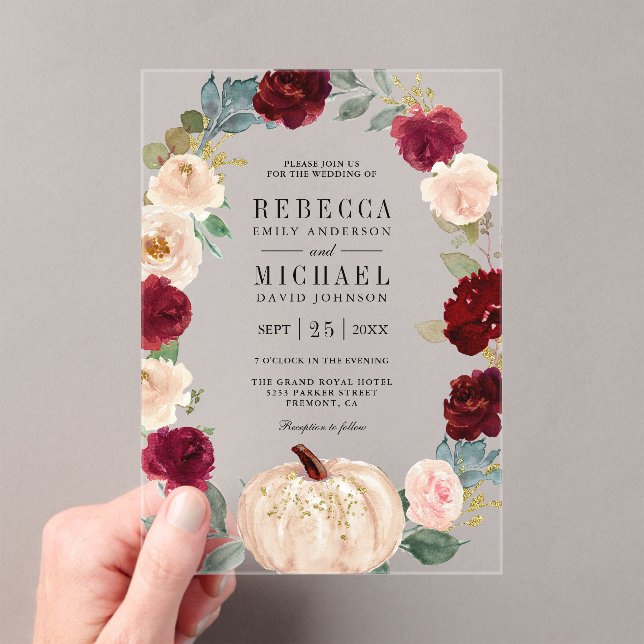 Rustic Burgundy and Peach Floral Pumpkin Wedding Acrylic Invitations (Insitu (Handheld))