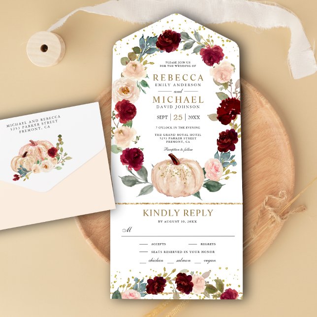 Rustic Burgundy and Peach Floral Pumpkin Wedding All In One Invitation (Creator Uploaded)