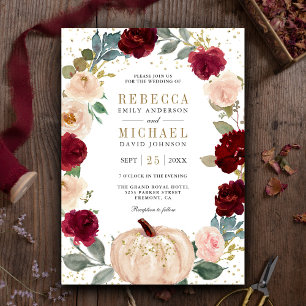 Rustic Burgundy and Peach Floral Pumpkin Wedding Invitation