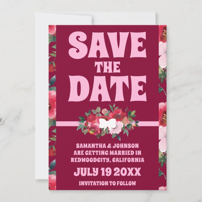 Rustic Burgundy and Pink Floral Save The Date  Invitation (Front)