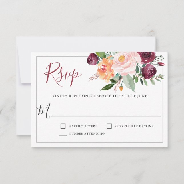 Rustic Burgundy and Pink Floral Wedding RSVP (Front)