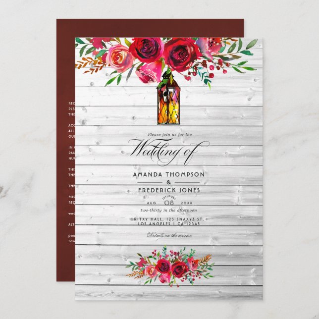 Rustic Burgundy and Pink Watercolor Floral Wedding Invitation (Front/Back)