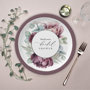Rustic Burgundy and Plum Floral Bridal Shower Paper Plate
