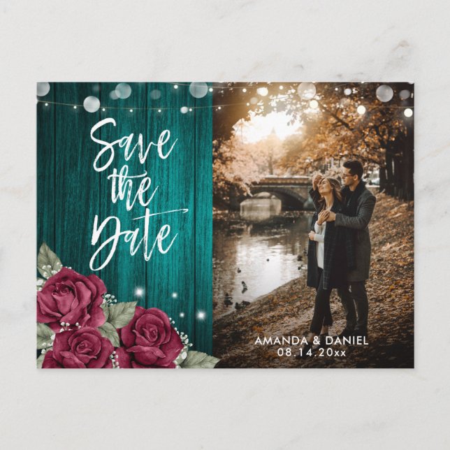 Rustic Burgundy and Teal Floral Wedding Photo Announcement Postcard (Front)