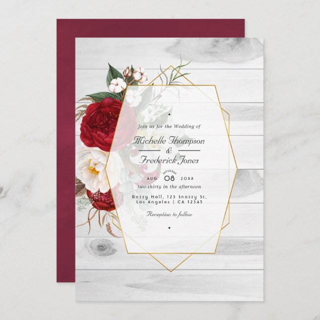 Rustic Burgundy and White Floral Geometric Wedding Invitation (Front/Back)