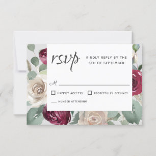 Rustic Burgundy and White Roses Watercolor Floral RSVP Card