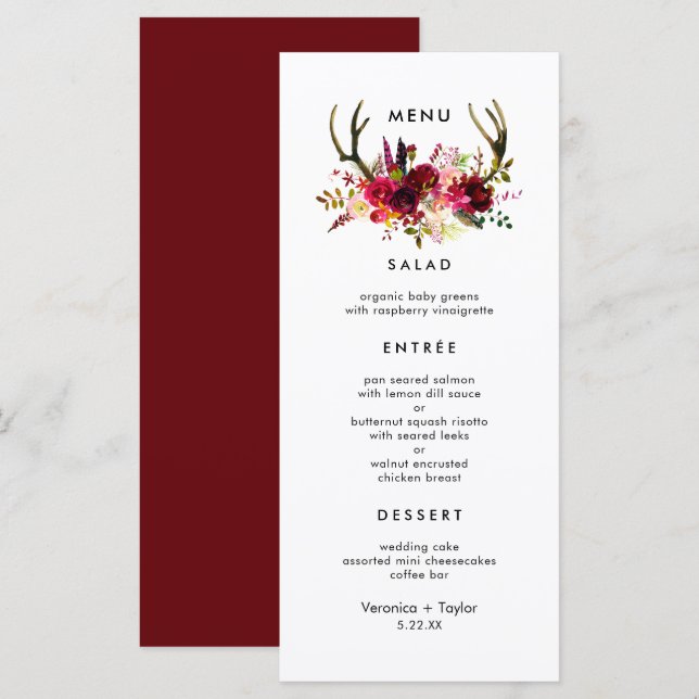 Rustic Burgundy Antlers Simple 3 course  Menu (Front/Back)