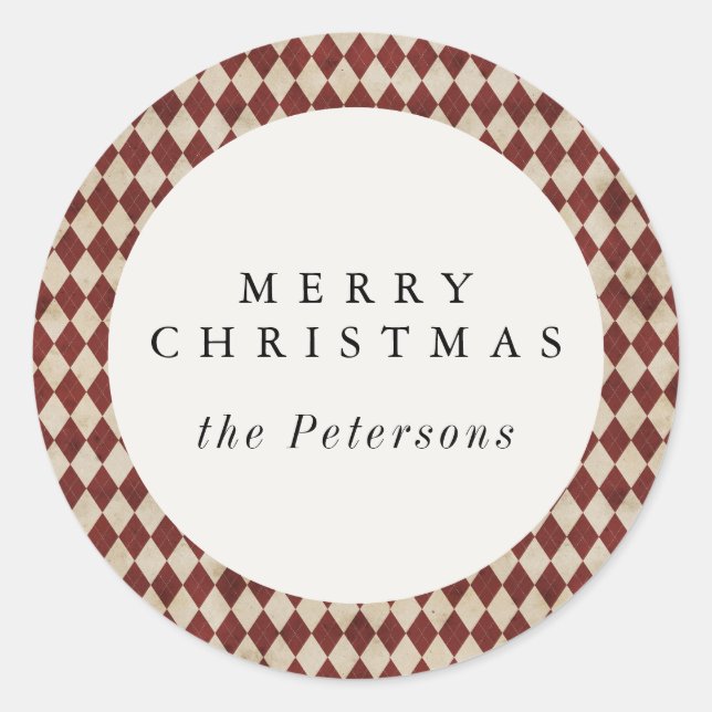 Rustic Burgundy Argyle Holiday Classic Round Sticker (Front)