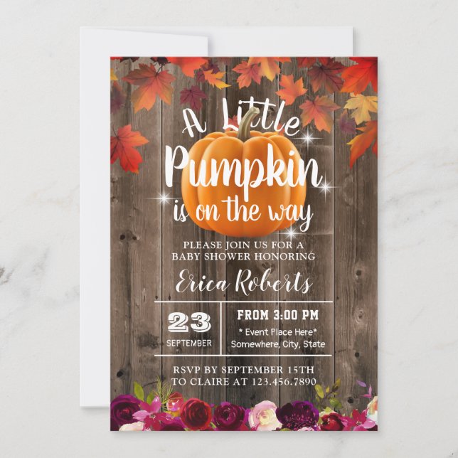 Rustic Burgundy Autumn Little Pumpkin Baby Shower Invitation (Front)