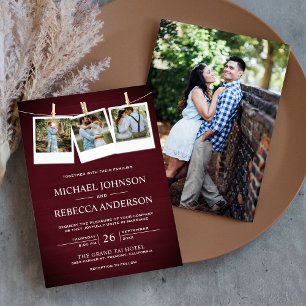 Rustic Burgundy Barn Wood Photo Collage Wedding Invitation