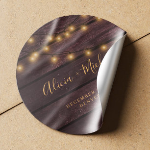 Rustic burgundy barn wood string lights wedding  classic round sticker