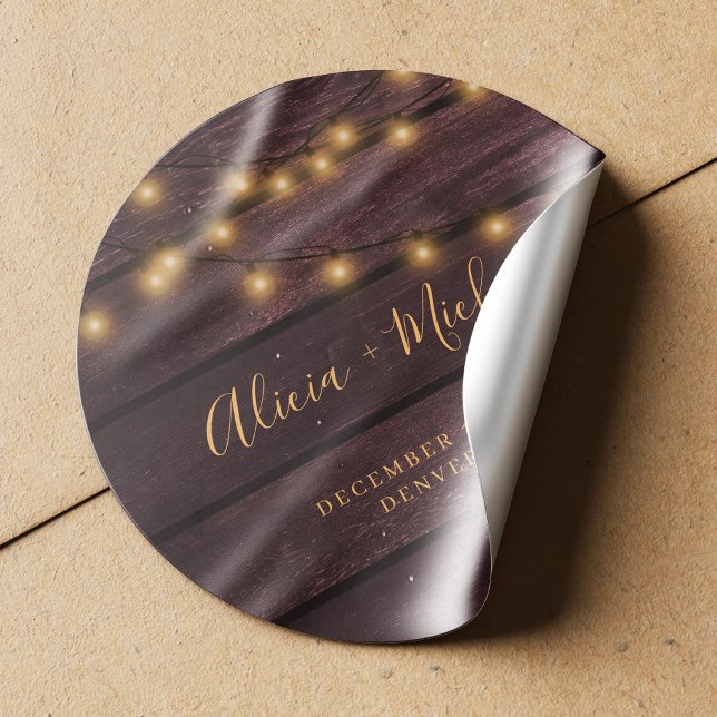 Rustic burgundy barn wood string lights wedding  classic round sticker (Creator Uploaded)