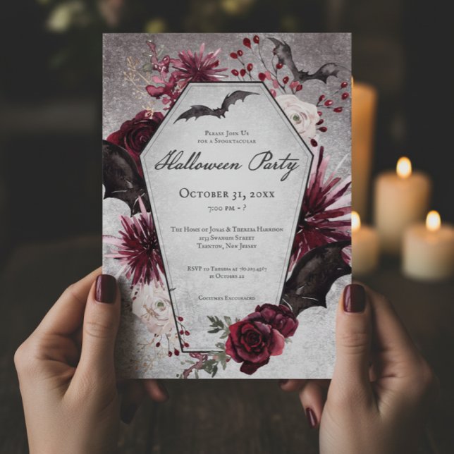 Rustic Burgundy & Black Coffin Halloween Party Invitation (Creator Uploaded)