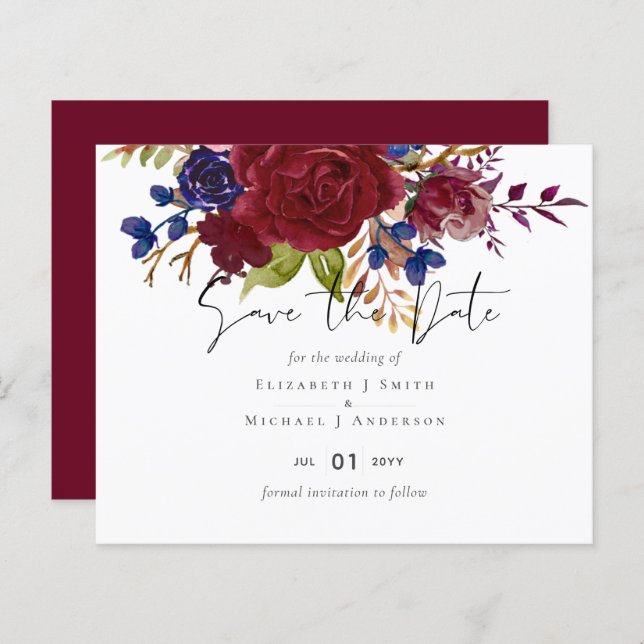 Rustic Burgundy Blue Floral Budget Wedding Invites (Front/Back)