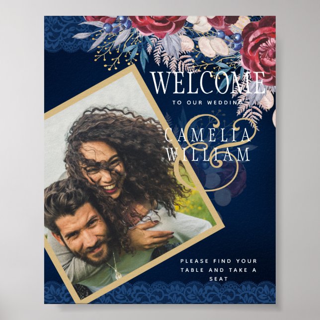 Rustic Burgundy Blue Floral Lace PHOTO Welcome  Poster (Front)