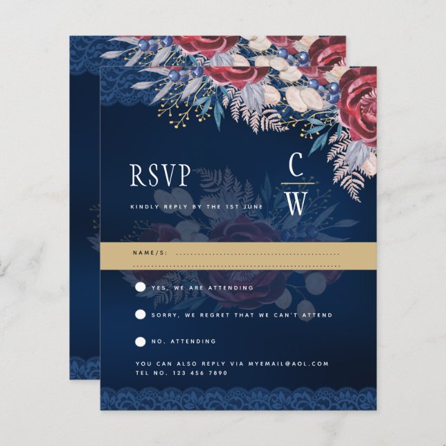 Rustic Burgundy Blue Floral Lace Wedding RSVP (Front/Back)