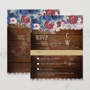 Rustic Burgundy Blue Floral Lace Wedding RSVP