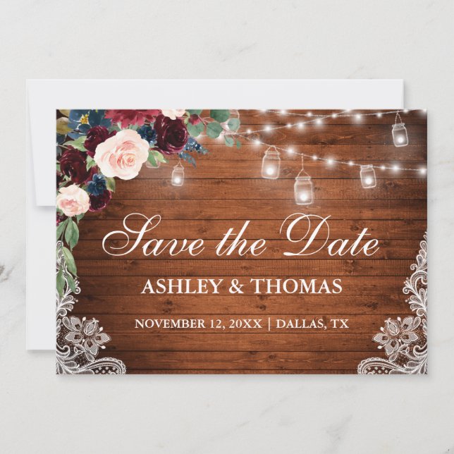 Rustic Burgundy Blue Floral Lights Lace Wood Save The Date (Front)