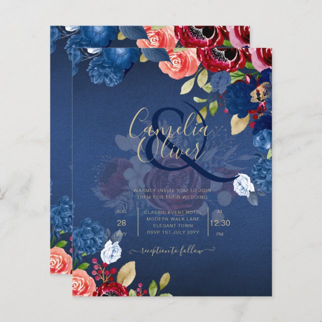 Rustic Burgundy Blue Floral Wedding (Front/Back)