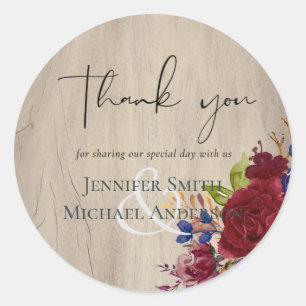 Rustic Burgundy Blue Floral Wedding Classic Round Sticker