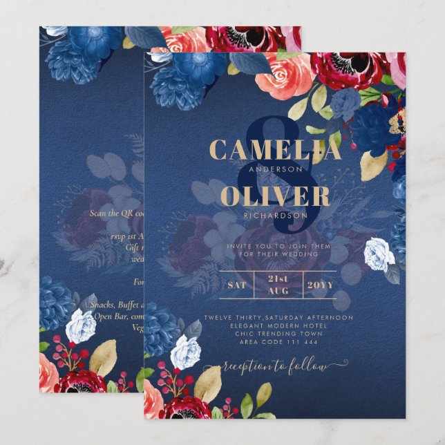 Rustic Burgundy Blue Floral Wedding Invitation (Front/Back)