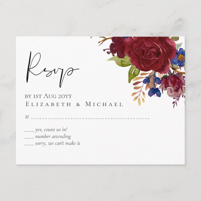 Rustic Burgundy Blue Floral Wedding RSVP Postcard (Front)